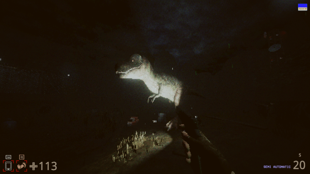 a Tyrannosaurus in the dark with a flashlight being pointed at it
