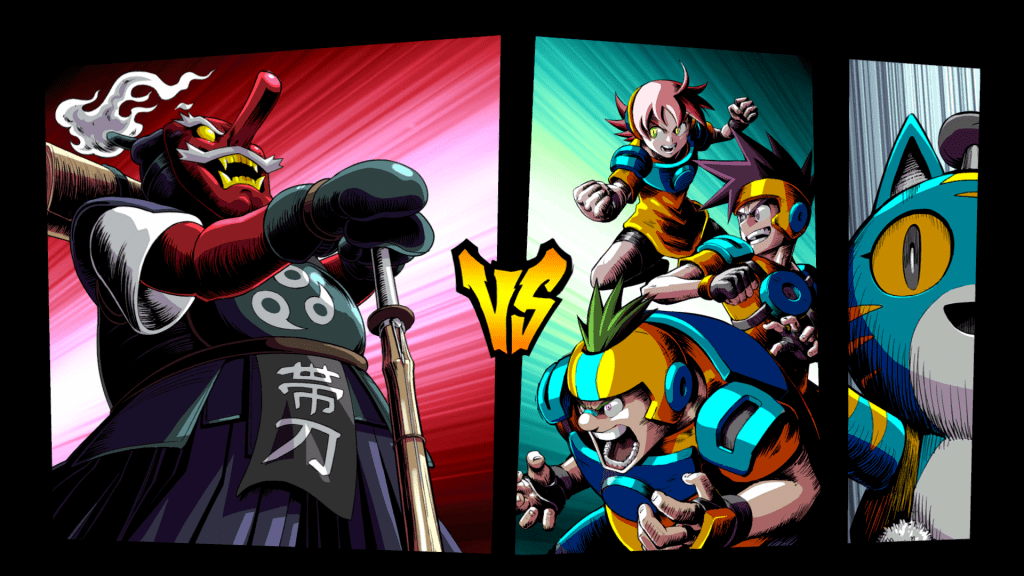 A look at the samurai character he is in a suit of armor with a mask that has a big nose he also is holding a bamboo sword.