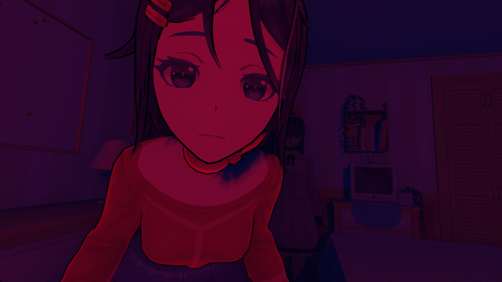 Crazy mita leaning over close to you with a creepy mita behind her.