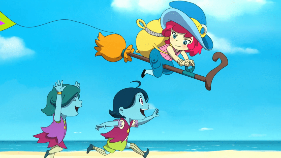 Mika flying on her broom past the twins