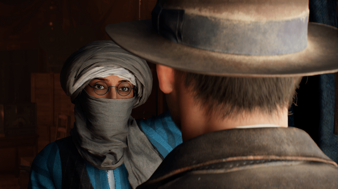 indy looking at pretty woman in a turban