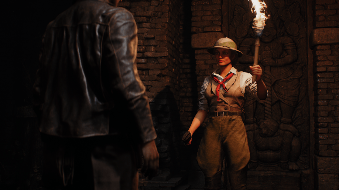 indy talking to an archeologist she is holding a torch
