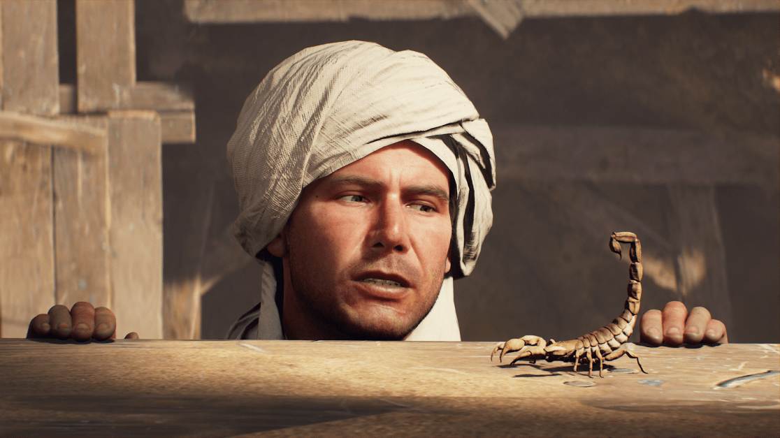 indy in a middle east outfit. face to face with a scorpion.