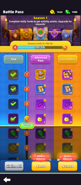 showing the 3 tiers of the battle pass with their prices