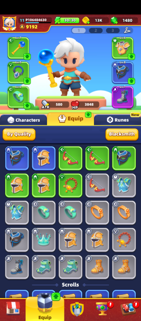 the equipment menu showing a lot of pieces of equipment.