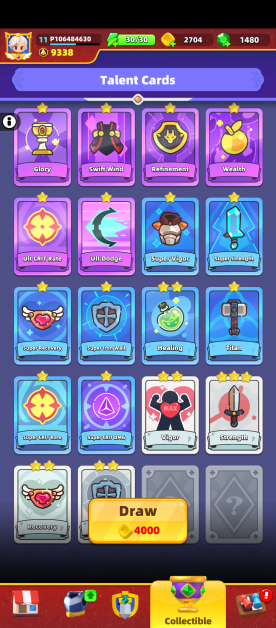 the talent card menu showing the talent cards