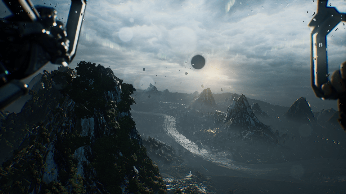 a beautiful landscape with mountain peaks scattered throughout and a blackhole on the cloudy sky.