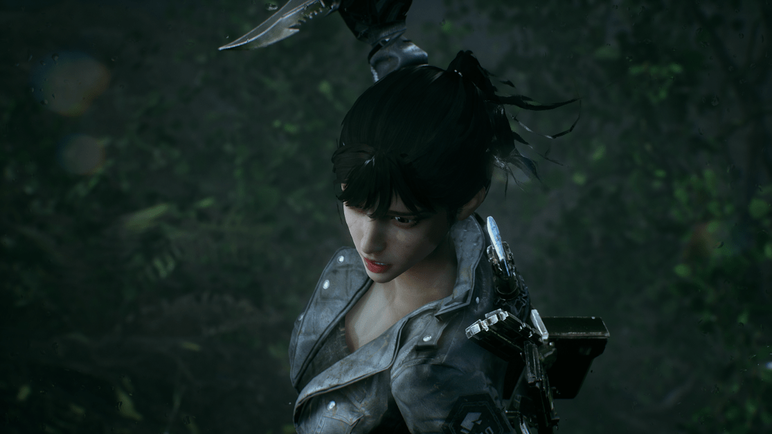 a close up of the main character in her exosuit