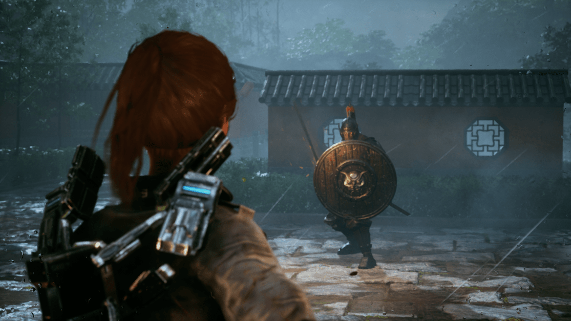 an enemy with a shield looks like a roman empire soldier