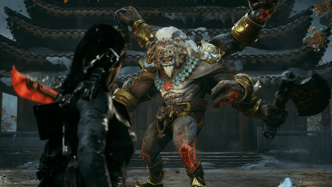 a massive boss with four arms with a sword and axe in two hands