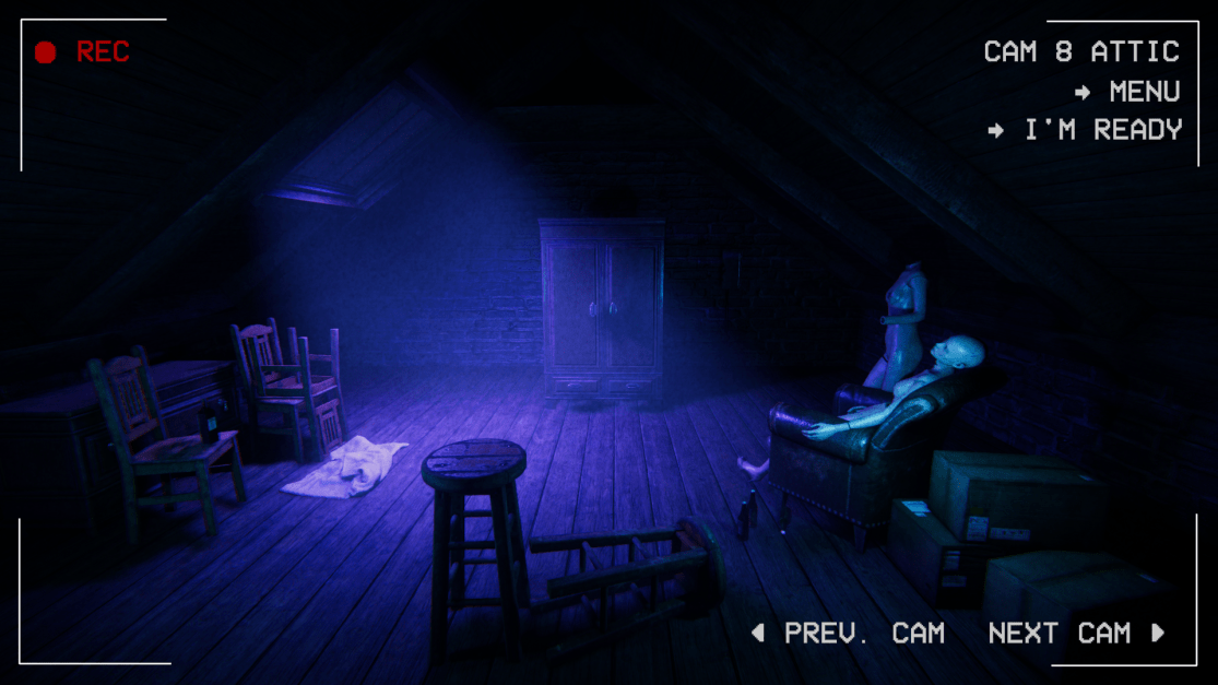 showing what the attic look likes with 2 creepy mannequins and a wardrobe in the back.