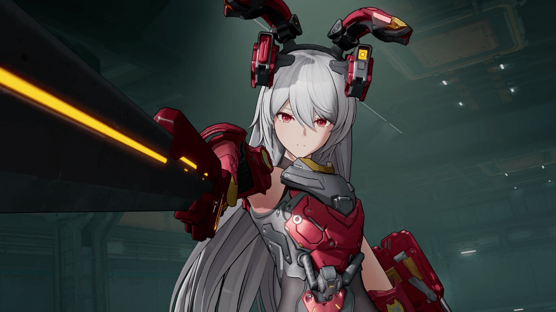 Showing a doll with a sword and red armor with bunny ears.  She has with long hair with red eyes.