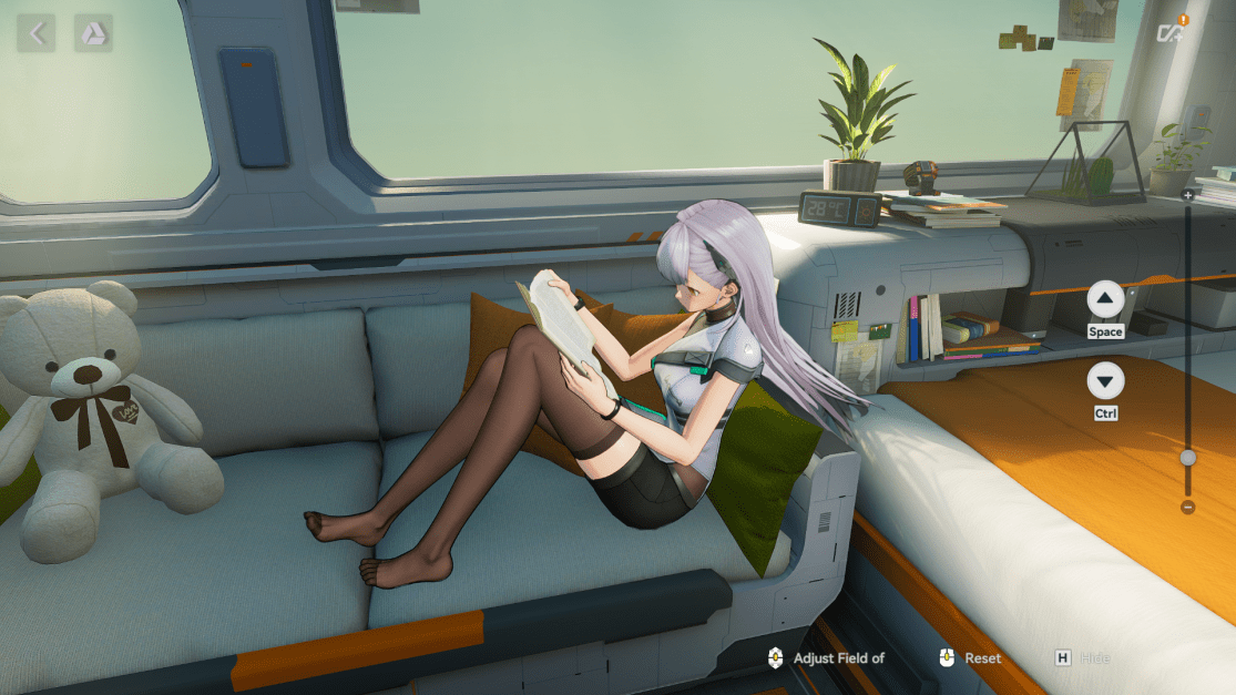 showing the dormitory with a doll.  with light purple hair.