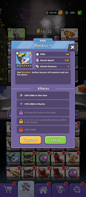 showing a shark gun with its stats and level.