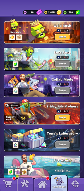 showing all the challenges in the game.