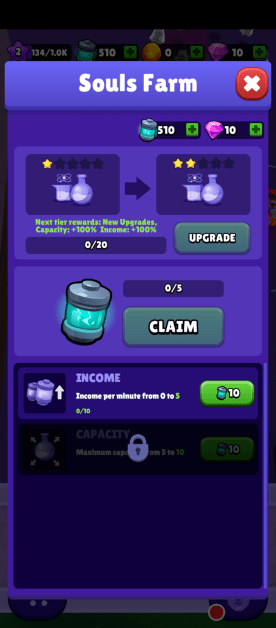 the soul farm interface and what it does as well as what it needs to upgrade.