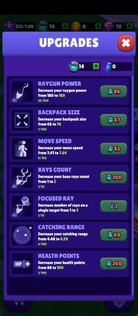 the upgrades menu showing the upgrades you can get.
