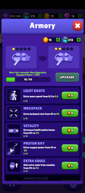 the armory menu showing the available upgrade and what they cost.