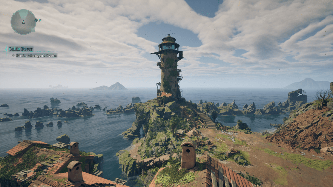 A costal town with a light house. Rocks coming out of the water makes a barrior.