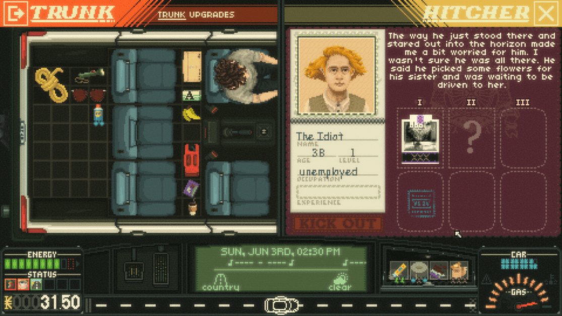 showing the hitcher called the idiot.