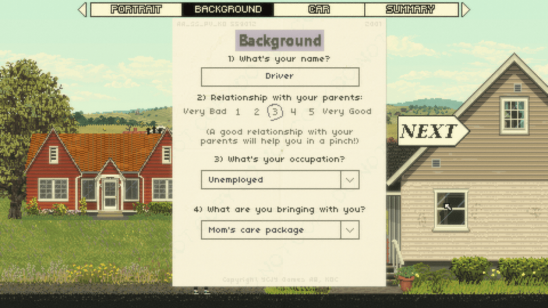 Showing the options, you have at the start of the game name, relationship with parents, occupation and what you're bringing with you.
