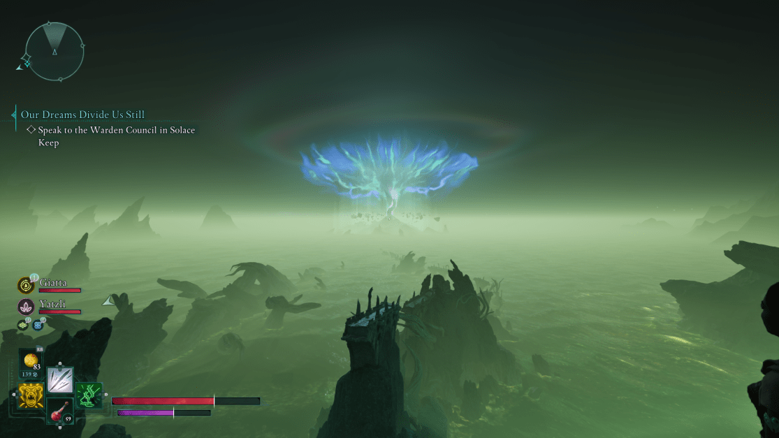 Showing a dark ocean scene with and island in the distance with a tree of life like lights coming out of it