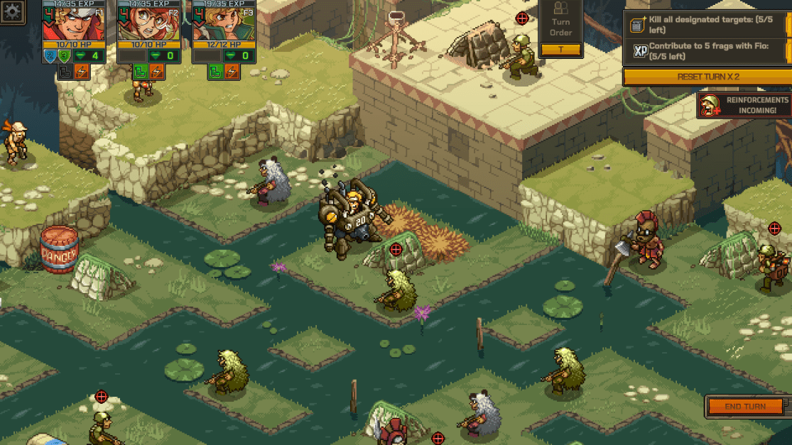A scene from a tactical RPG game. The isometric view shows a swampy area with characters positioned on small land plots. A character in robotic armor is central, with other characters scattered around, some hiding in bushes. The UI displays turn order and mission objectives: "Kill all designated targets (5/5 left)" and "Contribute to 5 frags with Fio (5/5 left)". "Reinforcements Incoming" banner is visible.