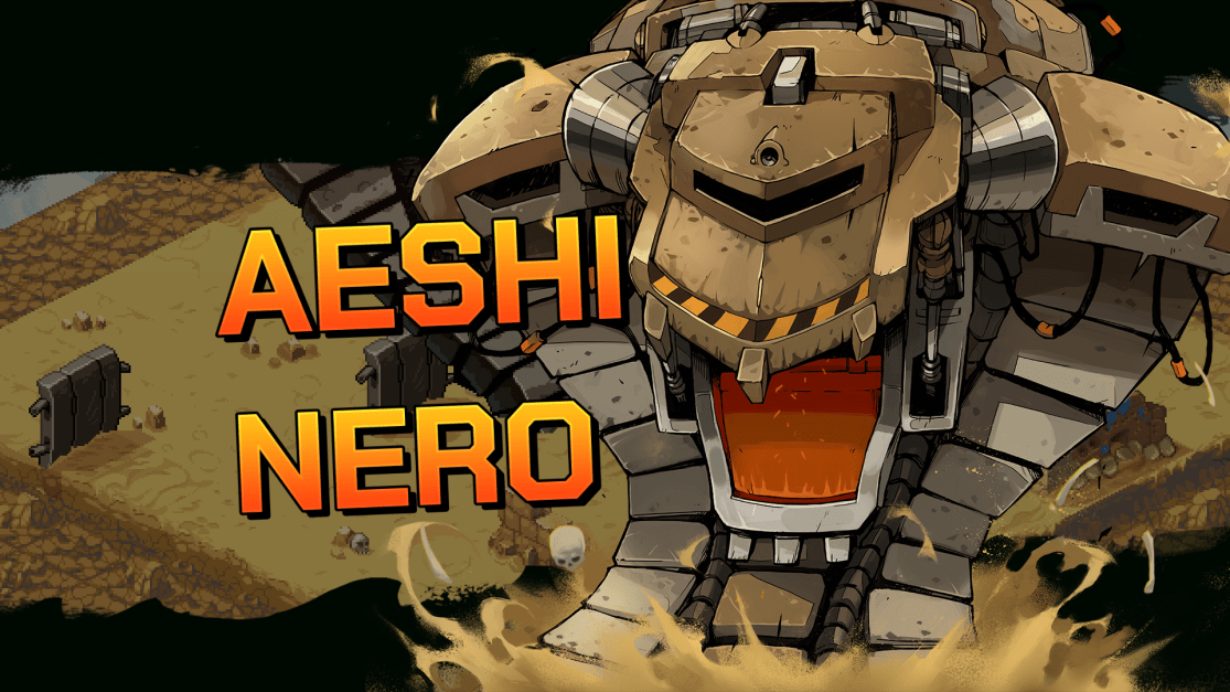 Title art for "Aeshi Nero" features a massive, weathered, robot-like figure dominating a desert landscape. The colossal figure is rendered in a pixel art style with a hand-drawn feel. The robot has a large, blocky head with a menacing grin created by orange light emanating from the center of its face. In the foreground is an isometric view of a desert with sandy terrain and a few scattered skulls. The title "AESHI NERO" is presented in bold, orange lettering.