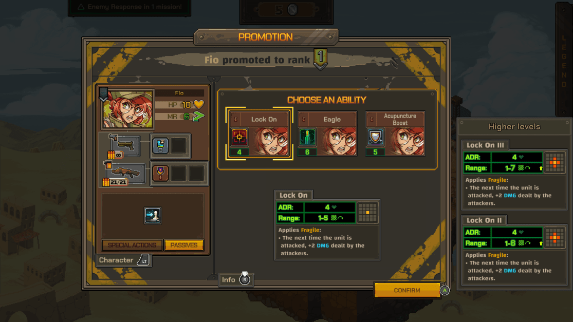 A screenshot from a video game showing the promotion selection screen for the character Fio. Fio is promoted to rank 1 and the player is choosing an ability: Lock On, Eagle, or Acupuncture Boost. Lock On is selected, and the information panel shows the skill does 4 damage and applies fragile, which allows the enemy unit to receive +2 damage from subsequent attacks.