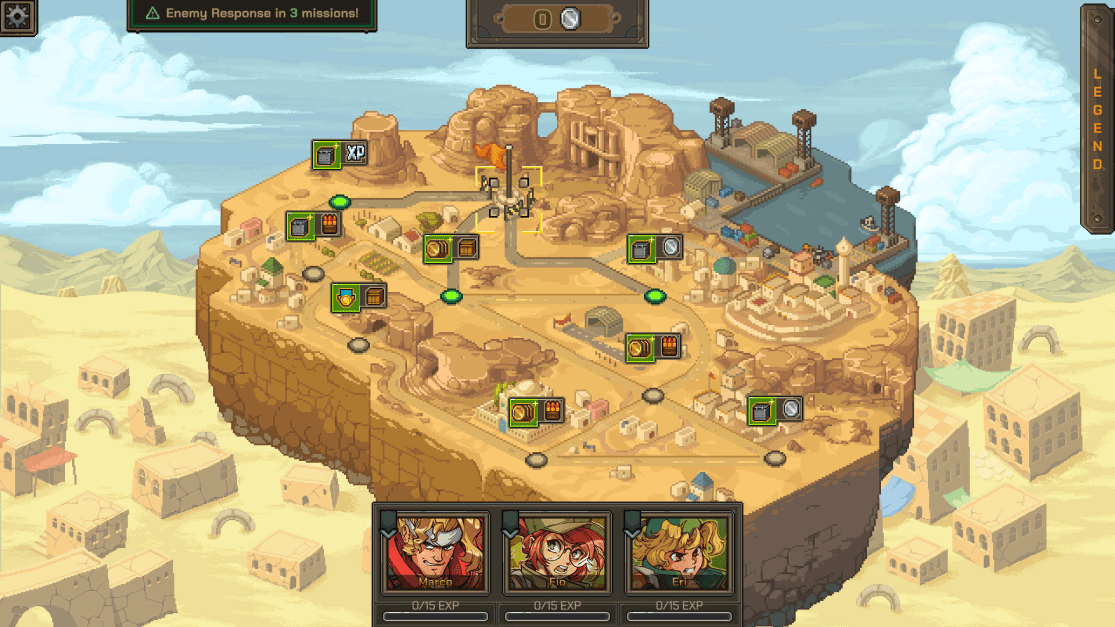 Isometric pixel art game map focusing on a desert island connected by paths. icons for resources (money, ammo, XP) are scattered across the map. Three character portraits (Marco, Fio, Eri) are visible at the bottom with 0/15 EXP displayed. The Legend guide is situated on the right, along with a UI message to "Enemy Response in 3 missions!". Pale sky and distant sand-colored mountains form a washed-out background.