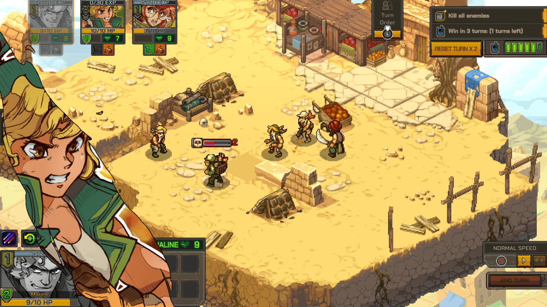 Isometric view of a grid-based strategy game rendered in pixel art. Sandy terrain with a central market stall and scattered cover elements. Three active player characters facing two enemy characters. UI includes turn counters at the top right and character portraits with stats at the bottom left, partially obscured by the hand-drawn character on the screen's left edge. Resolution is typical of retro-style games.