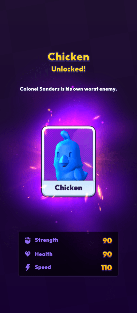 The image features a 'Chicken Unlocked!' screen from a game. The chicken character is represented by a blue, cartoonish 3D model displayed on a card. The stats displayed include Strength, Health & Speed. A humorous caption reads "Colonel Sanders is his own worst enemy.".