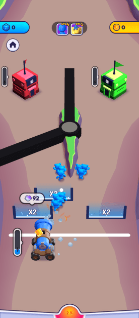 A mobile game interface features a blue turret-like machine at the bottom shooting blue figures towards a red base and a green base on either side of a rocky divider. Resources like cubes and coins are visible at the top, along with icons representing the quantity of troops. The game displays resource multipliers and progress bars.
