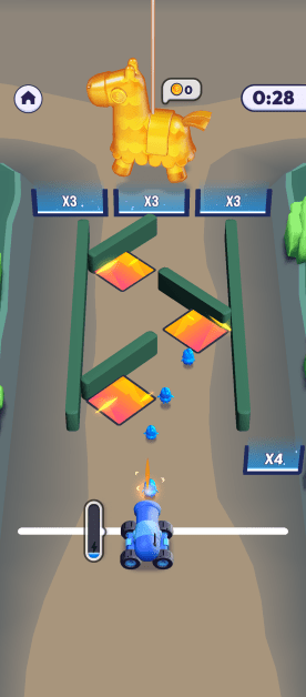 A game screen shows a player controlling a blue cannon tank shooting blue figures upwards to reach a dangling gold pinata. The gameplay area contains green vertical bars which act as level obstacles, and red and orange speed boost squares placed within. The objective is to destroy the gold pinata. A progress bar indicates charge level as well as other in-game information like the game timer, money earned, and home screen button.