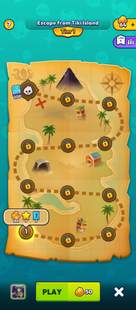 Game screen for "Escape from Tiki Island," showing a map of Tier 1. The map displays a path with locked levels, various landmarks like palm trees, a volcano, and tiki masks. Game resources such as gold and level completion stars are visible. Other navigational buttons are available.