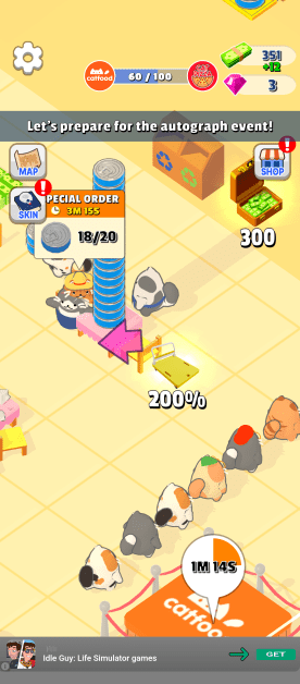 Screenshot from the 'Cats Story' mobile game showing cats preparing for an autograph event. Special order: 18/20 cans of Catfood. 200% progress.