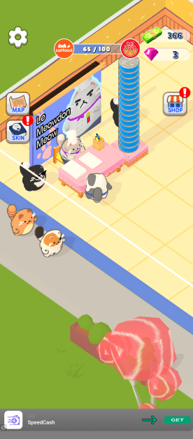 Isometric view of a mobile game scene. The midground features a pink table where cartoon cats are seated. A cat chef stands near the table. A billboard behind the table has "Le Meowdon Meow" displayed on it. The UI includes a circular catfood icon in the upper left of the screen and rectangular buttons for MAP, SKIN, and SHOP. The top right features stacked containers of "Cat Pizza." A UI toolbar is at the bottom