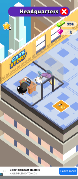 Screenshot from the "Cats Story" mobile game, showing the headquarters level. A cat character is sitting at a desk in an office setting, working on a computer. Another cat character is seen next to a fish toy. In-game currency and resources are displayed at the top right, including a stack of money worth "974," and purple diamonds worth "3." The headquarters level is depicted with 0 starts. A banner ad at the bottom advertises "Select Compact Tractors".