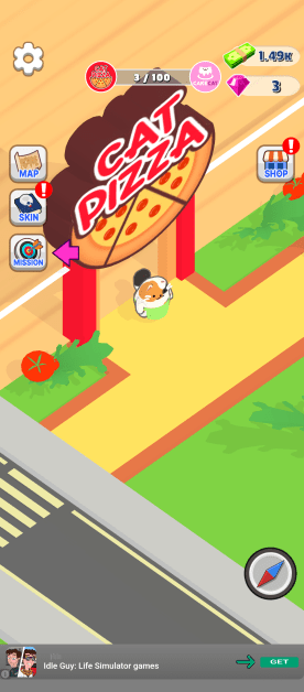 A digitally generated game interface with a cartoonish design. In the foreground is a cat character standing near a "Cat Pizza" restaurant signified by a large pizza slice sign with the words 'CAT PIZZA' in bold script, toppings included. The interface includes interactive buttons like "Map," "Skin," and "Mission," each marked with a red exclamation mark. Above there is a progress bar along with the CakeCat icon, amounts of in-game currency such as 1.49K and an amount of gemstones. In the bottom corners, there's a compass and also a playable ad for "Idle Guy: Life Simulator Games".