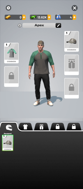 character customization screen. A male avatar, named "Apex," stands in the center, wearing a gray and green three-quarter sleeve shirt, black pants, and beige shoes. Icons at the top display in-game currency amounts: 0 gold bars, 13.62K green bills, and 4 blue potion bottles. On both sides of the avatar are cards with clothing items, one of which is a green shirt marked with "COMMON." Below are icons for helmet, t-shirt, pants and two lock icons. One of the helmet icons is currently equipped. Interface elements include setting and close icons, and an edit button next to the avatar's name.