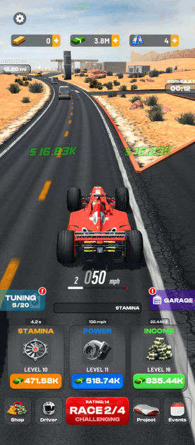 showing a red Formula 1 car driving at 50 mph on a desert highway. The HUD displays distance, currency, tuning level, stamina, power, and income. The player is currently on Race 2/4, rated as "Challenging," and can access shop, driver, project, and events options