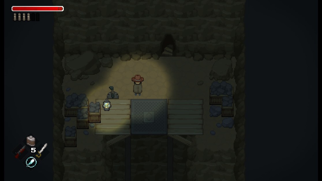 The scene is set inside a dimly lit mine. A central character, wearing a hat and coat, stands on a wooden platform over a mine shaft. A lantern and machinery are to their left. Indicators at the top left display health status, and at the bottom left, weapon options are shown. The overall tone is adventurous with a hint of danger.