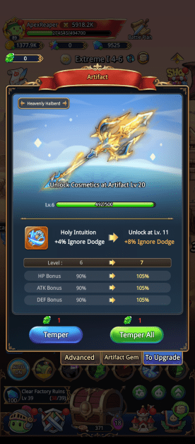 Full-screen capture of a mobile game interface. Top of the frame displays player information (username "ApexReaper," level 89, resources). Central focus on an "Artifact" screen, framed in ornate gold detailing. The main element is the "Heavenly Halberd," presented as a golden weapon with blue highlights, visualized against a light blue gradient background. UI elements below include horizontal level progression bars, text block detailing stat increases ("HP Bonus," "ATK Bonus," "DEF Bonus"), and interactive buttons ("Temper," "Temper All"). At the bottom of the screen are smaller, icon-driven buttons representing additional game functions. The composition is primarily UI-driven, emphasizing the numerical progression and resource management aspects of the game.