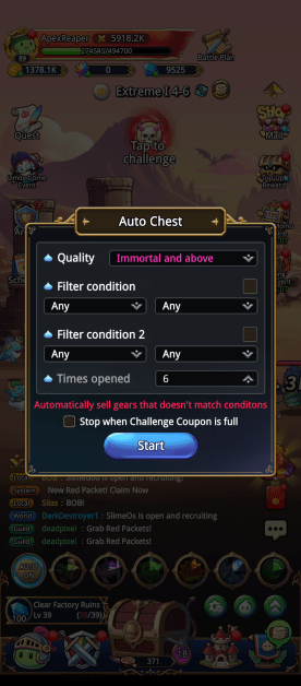 A screenshot depicts a mobile game interface showing an "Auto Chest" settings window. The window is presented as an overlay on top of the game's main screen, displaying the character's stats (ApexReaper, level 89) and resources. The "Auto Chest" window allows players to filter gears based on various criteria. The "Quality" option is set to "Immortal and above." Two filter conditions are set to "Any." The chest is set to open six times. A checkbox indicates a function to automatically sell gears that do not match the defined conditions when the challenge coupon is full. The "Start" button is visible at the bottom of the window. Game chat is displayed at the bottom.