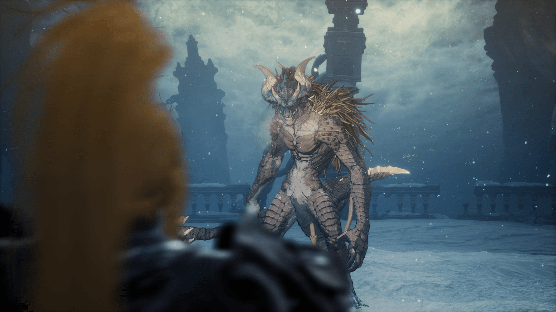 In a snow-covered landscape with crumbling stone structures, a menacing dragon-like creature stands ready. With a textured, scaled hide and sharp horns, it faces a blurred figure in the foreground. The scene evokes a sense of impending conflict and fantasy.