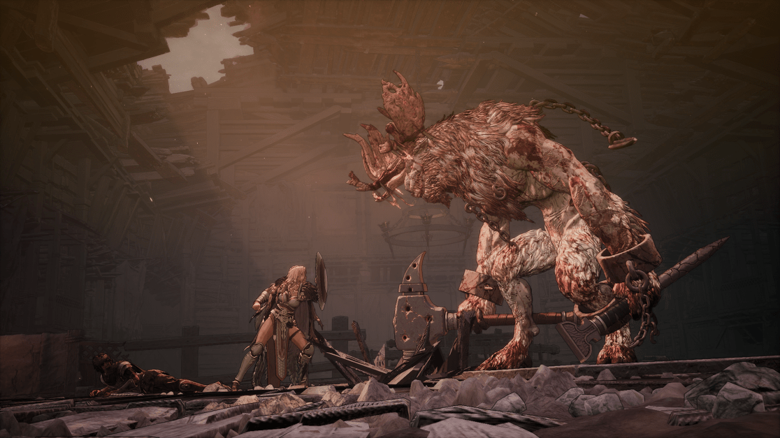 A female warrior, clad in armor and wielding a shield, confronts a massive, grotesque beast within a dilapidated, ruinous structure. The beast is covered in fur, blood, and has multiple, grotesque features. A fallen warrior lies on the ground in the foreground, suggesting a recent battle. The setting is dark and foreboding, with debris scattered across the floor and the crumbling structure looming overhead.