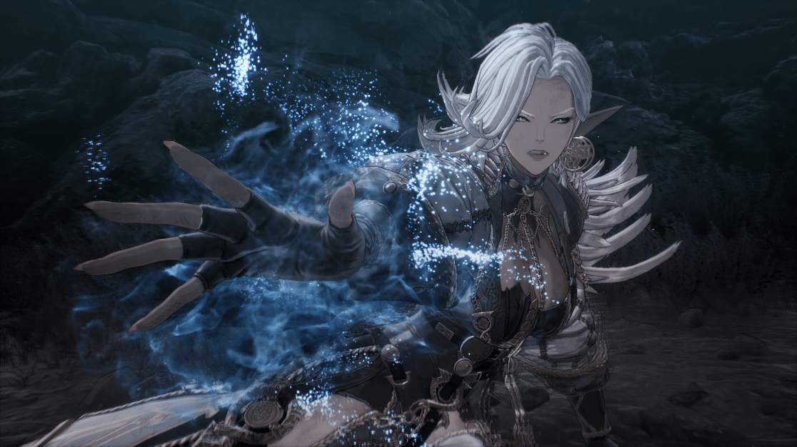 A stylized digital illustration depicts an elf woman in a dark fantasy setting. She has white hair, pale skin, and pointed ears, with a stern expression on her face. She is wearing a dark, ornate outfit with chains, bone-like shoulder ornamentation, and what appears to be a harness. Her left hand is extended, surrounded by a swirling, glowing blue magical effect with tiny sparkling particles. The background is dark and appears to be a rocky or cavernous setting. The overall mood is one of power and mystique.