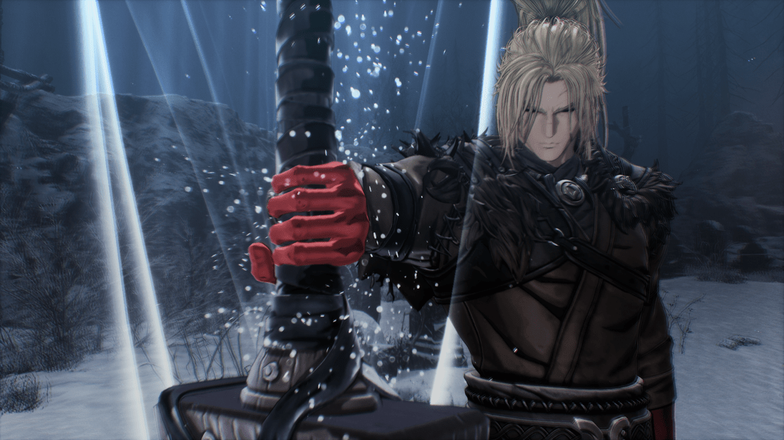 An anime male warrior takes up center right of the frame, he has long blonde hair pulled back into a ponytail. He is wearing a dark brown leather jacket trimmed with feathers. His right hand (covered in a bright red glove), is on a large sword, which takes up most of the left of the image The background shows a snowy, wooded area with angled light beams behind the figure which provides a high-key lighting effect. A shallow depth of field blurs the backdrop