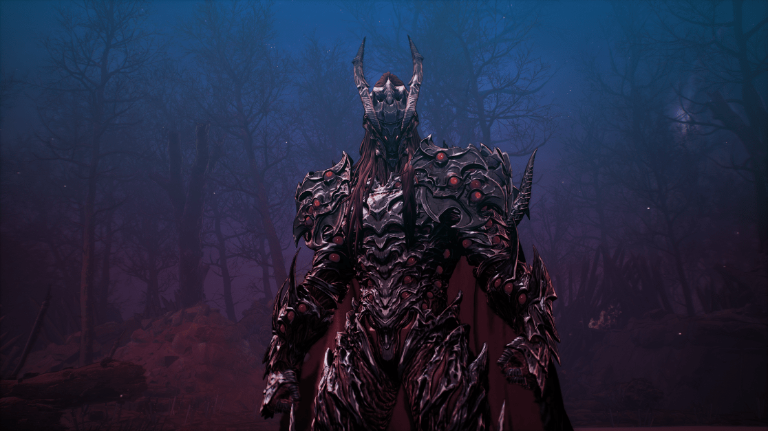 A formidable knight clad in dark, intricately detailed armor stands prominently in a dark, somber forest. The armor features sharp edges, red eye-like accents throughout, and a horned helmet. The background is a dark blue and purple gradient displaying barren trees.