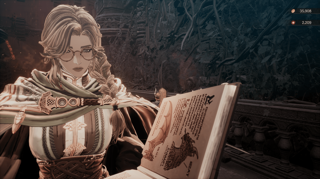 a woman with long blonde hair, wearing glasses and ornate clothing, looking at the camera while reading an open book. The book features illustrations of fantastical creatures and indecipherable text. The scene is set outdoors, with foliage and stone structures in the background. Game interface elements, such as currency counters, are visible in the upper right corner.